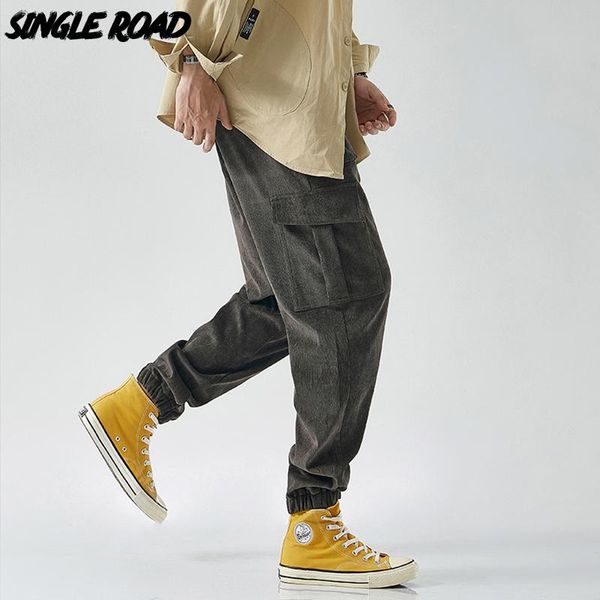 

men's pants single mens corduroy baggy men 2021 multi pockets joggers hip hop japanese streetwear trousers male cargo, Black