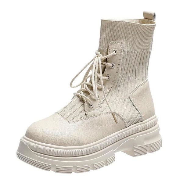 

boots discvry leather platform comfortable women autumn chunky ankle fashion lace up sock shoes ladies footwear, Black