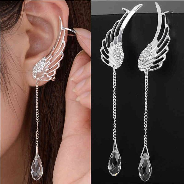 

new silver plated angel wing stylist crystal earrings drop dangle ear stud for women long cuff earring bohemia jewelrys