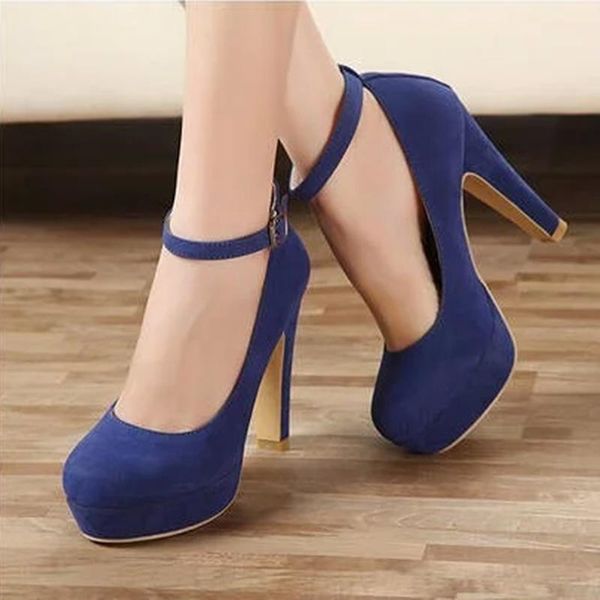 

dress shoes high heels chunky woman buckle strap platform pumps round toe shallow chaussure mujer work 889, Black