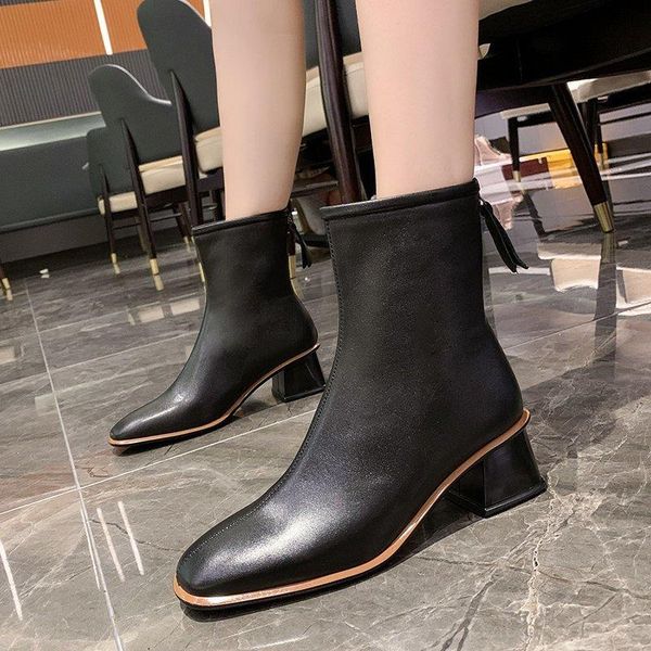 

boots women's ankle white high-heeled short autumn and winter square toe 2021 thin wild, Black