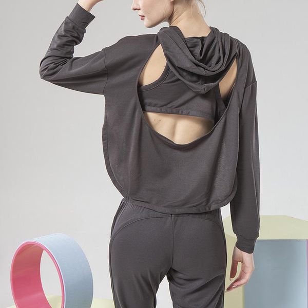 

yoga outfits sports long sleeve hooded shirt women tank back hollow out fitness gym wear clothing quick dry smock, White;red
