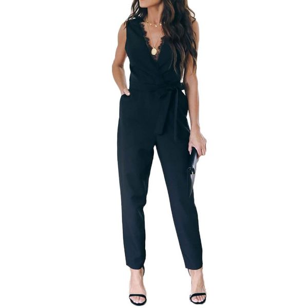

women's jumpsuits & rompers women summer lace up pocket splice v neck jumpsuit solid color casual streetwear romper, Black;white