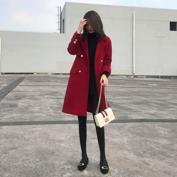 

women's wool & blends medium long spring autumn winter loose coat fashion lapel versatile 4xl, Black