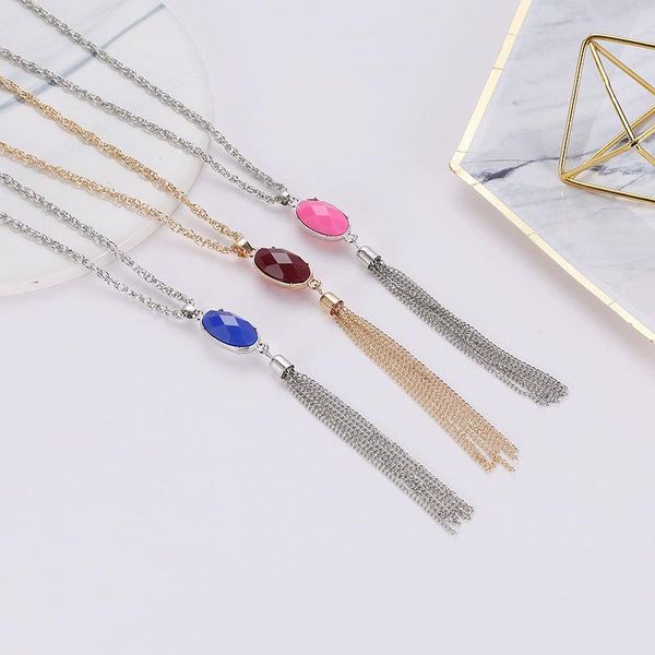 

pendant necklaces long chains tassel blue red pink acrylic simulated gem bead golden necklace for women, Silver