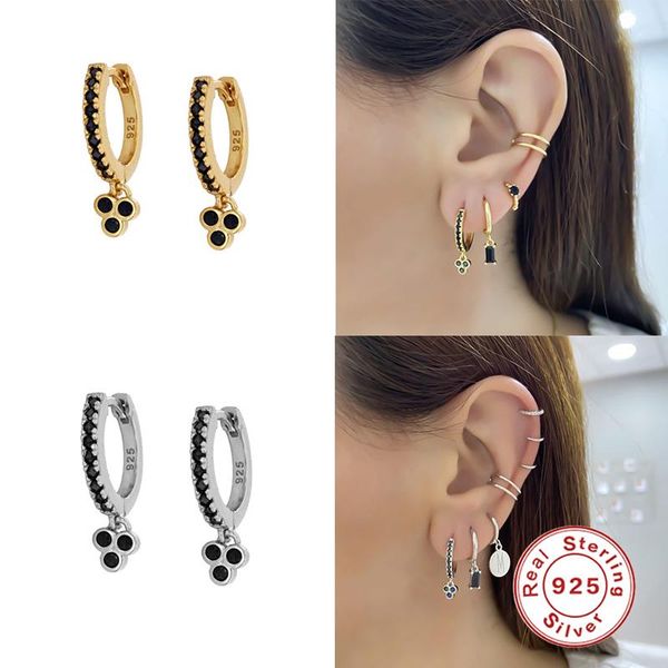 

hoop & huggie aide s925 sterling silver earring bling black cz korean ins hoops for woman girls round circle pendientes fine jewelry, Golden;silver