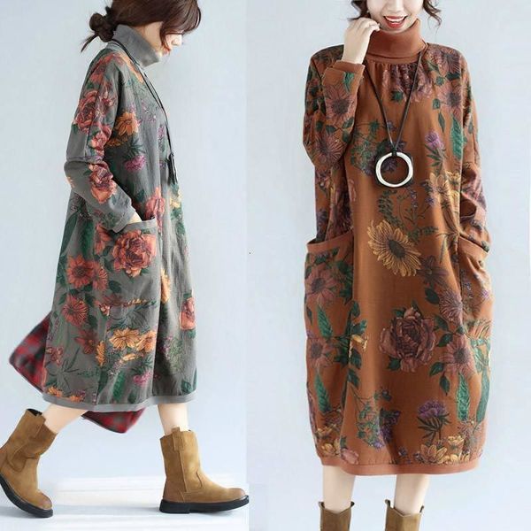 

fashion women's 2021 spring loose print new dress vintage literary warm thick large size tutleneck jumper woman dr 2otz, Black;gray