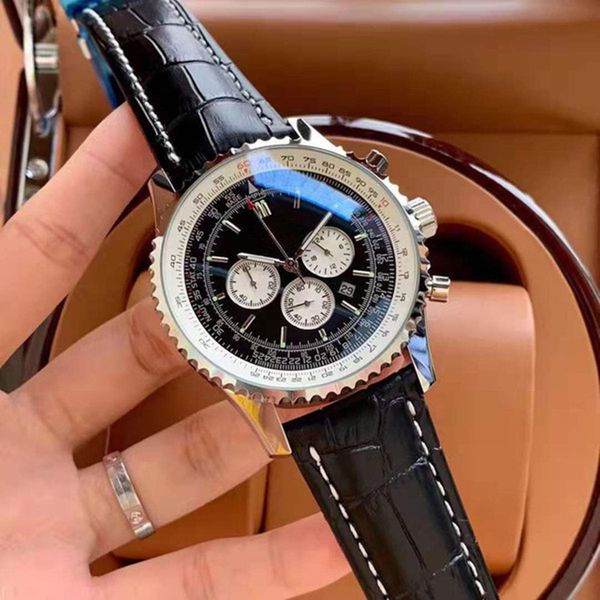 

mens watches 45mm aviation timing stainless steel quartz chronograph watch leather strap sports military wristwatches gift, Slivery;brown