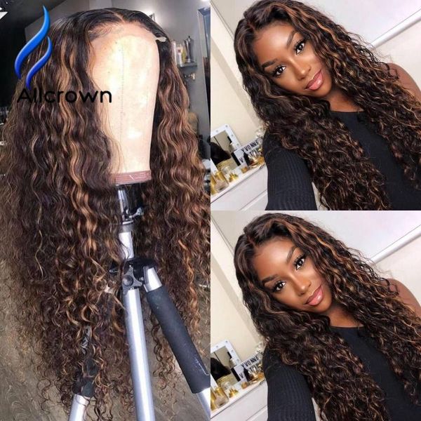 

lace wigs alicrown front human hair highlight ombre brazilian curly 180% density closure with baby non-remy, Black;brown