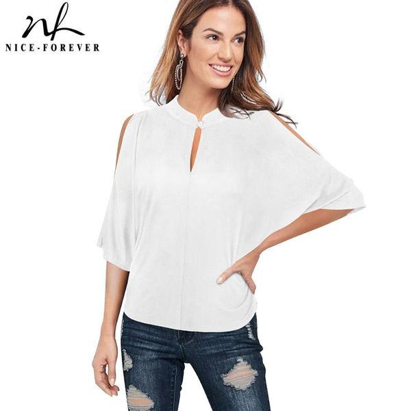 

women's t-shirt nice-forever spring women pure black color with fashion cold shoulder t-shirts casual oversized tees t060, White