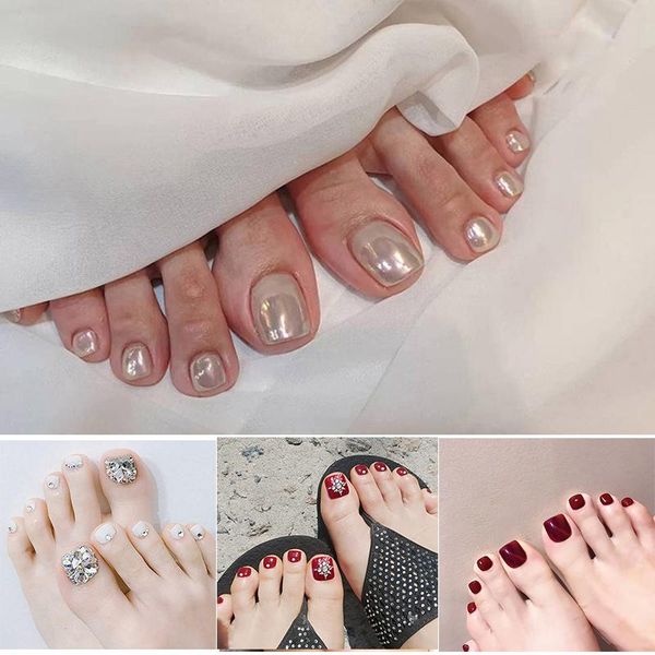

false nails short toenails full cover press on fake artificial feet for women girls nail foot, Red;gold