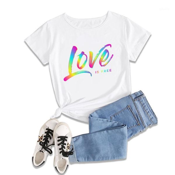 

summer time love is rainbow t-shirt women art print casual tees female tshirts short sleeve o-neck girl's clothes women's, White