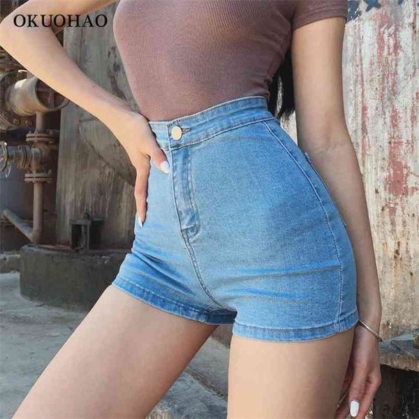

large size denim shorts girl high waist thin skinny hips stretch leg length tight jeans women 210825, Blue