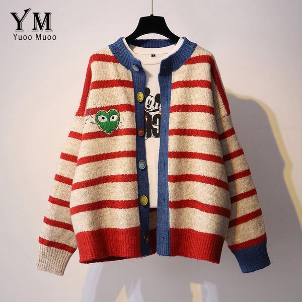 

yuoomuoo chic knitted cardigan sweater women stripes knitwear coat o-neck candy buttons long sleeve casual loose outwear female, White;black