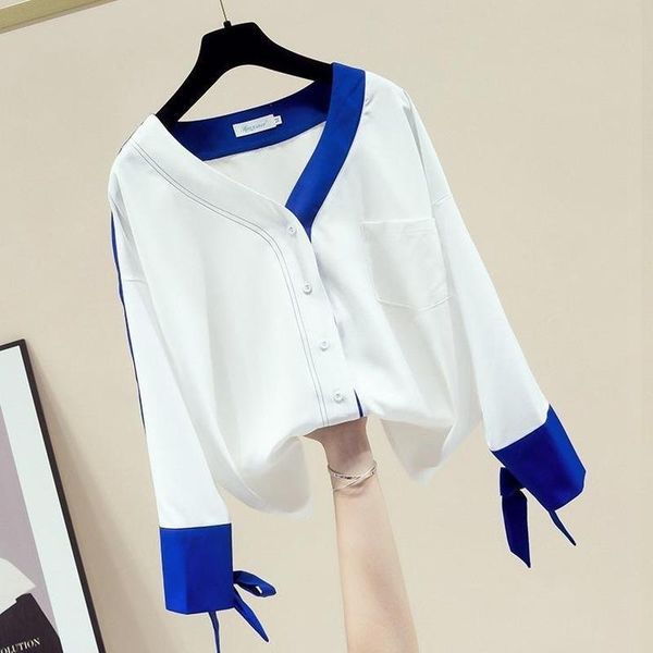 

women's blouses & shirts women 2021 spring autumn korean chiffon office ladies v-neck oversized female long-sleeved patchwork t25, White