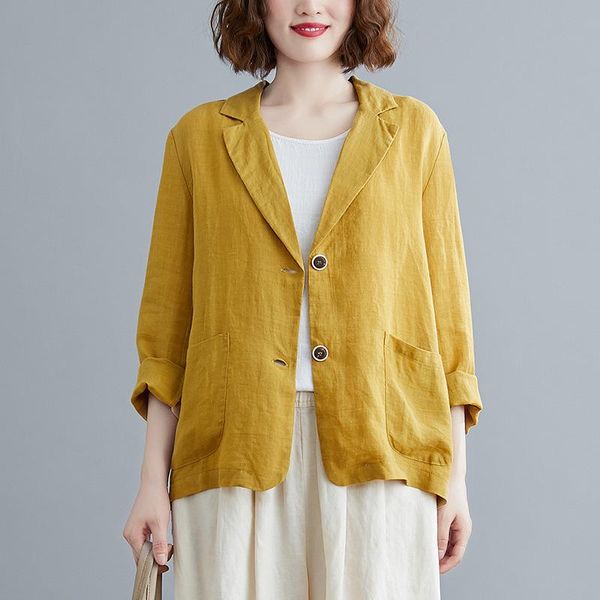 

women's jackets cotton linen coats 2021 autumn ol suit blazers casual solid lapel thin women long sleeve female outwear korean, Black;brown