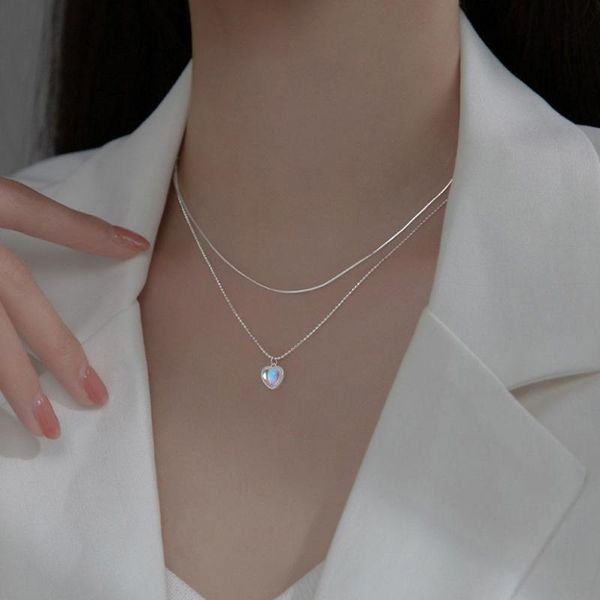 

chains 1 pcs gradient moonstone heart pendant necklace double layers crystal clavicle chain elegant vintage women neck jewelry, Silver