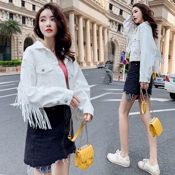 

women's jackets autumn 2021 women white cropped jacket fashion turn-down collar batwing sleeve tassel denim woman korean loose coat, Black;brown