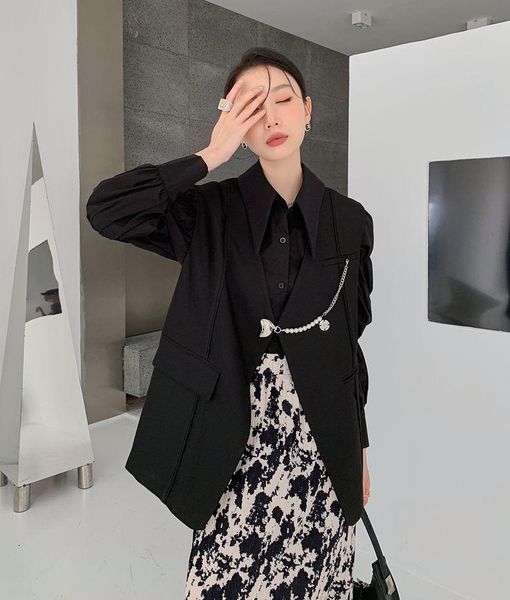 

women's suits & blazers superaen design fashion patchwork pearl chain pea buckle v-neck solid office lady notched suit vest jacket wome, White;black
