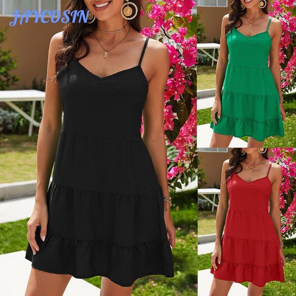 

casual dresses jaycosin v-neck sleeveless suspender woman party night 2021 fashion solid color mini dress summer clothes women f17, Black;gray