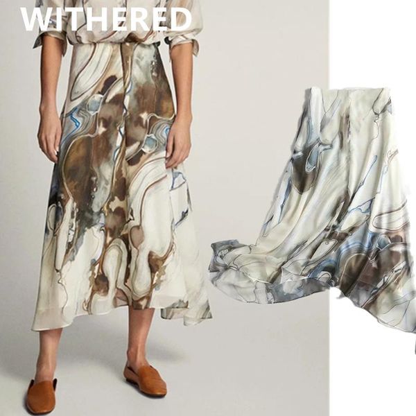 

skirts withered faldas mujer moda 2021 summer midi skirt women england style office lady casual ink painting elegant long womens, Black