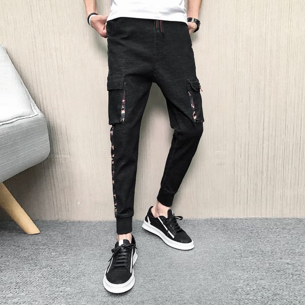 

2021 boutique casual fashion breeze streetwear skinny men's camuflage patchwork slim fit lateral pocket of denim jeans men y38w, Blue