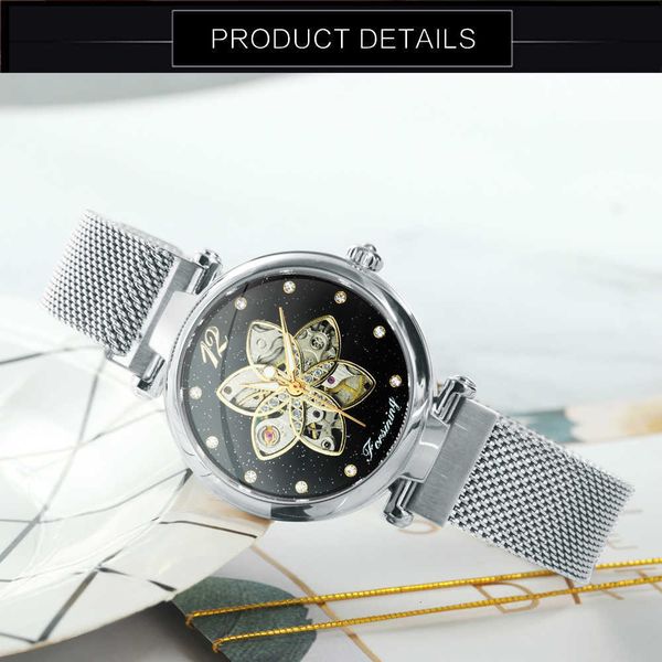 

forsining dress automatic watches women magnet stainless steel strap ladies crystal watch skeleton mechanical clock female 2021, Slivery;brown