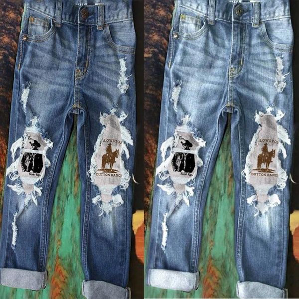 

women's jeans with ripped holes printed denim trousers, Blue