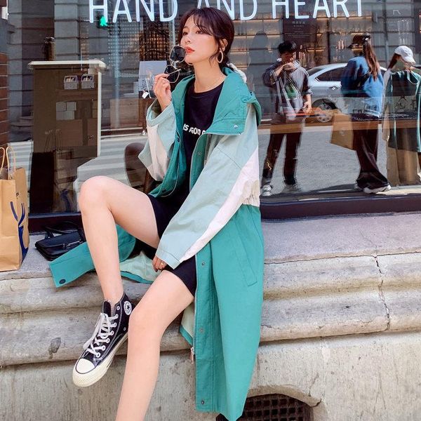 

women's trench coats windbreaker mid-length style 2021 spring and autumn korean loose coat temperament high-end jacket outwear k1053, Tan;black