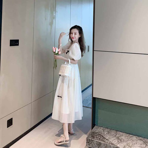 

2021 new lady french square collar midi dress vintage sweet female puff sleeve dress casual street women party vestidos, Black;gray