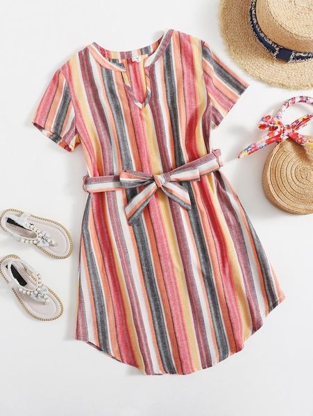 

girls notch neck self belted striped dress she, Red;yellow