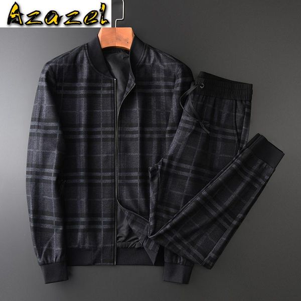 

azazel mens set (jackets+pants) luxury thick yarn dyed plaid stand collar man coats plus size 4xl elastic waist male pants, Gray