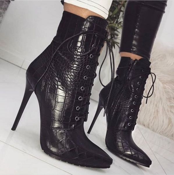 

boots westrn large women's snake pattern front lace up pointed single high heel medium pumps, Black