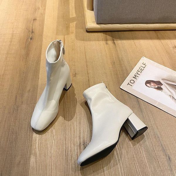 

boots white short women ankle thick heel spring/autumn 2021 high heels zipper retro fashion botas de mujer, Black