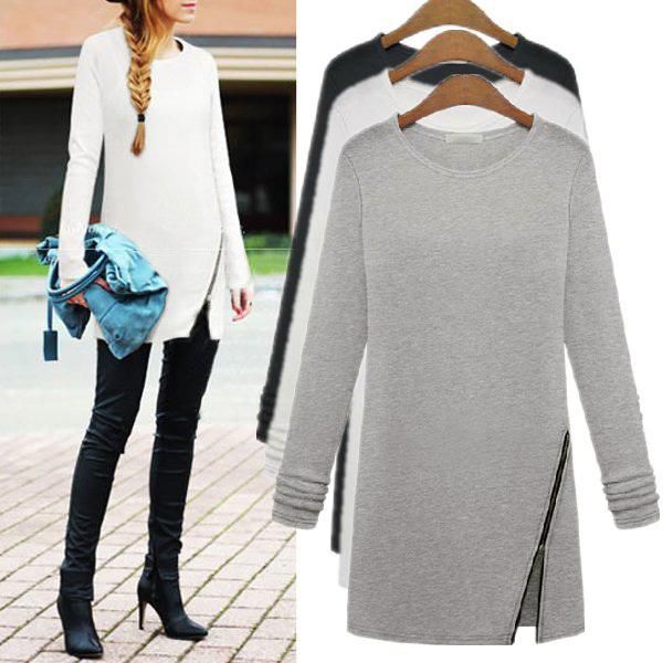 

women's t-shirt design women zipper shirts slim song-sleeved long sections plus big size -xxl, White