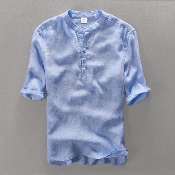 

men's casual shirts 2022 half sleeve summer linen shirt solid stand slim fit male dress chinese style, White;black