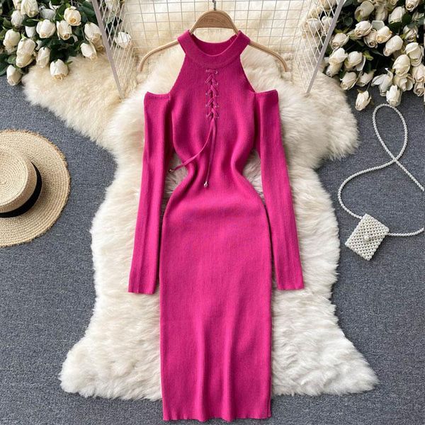 

casual dresses 2021 autumn bodycon dress women's europea hollow strapless long-sleeved halter neck stretch knitted, Black;gray