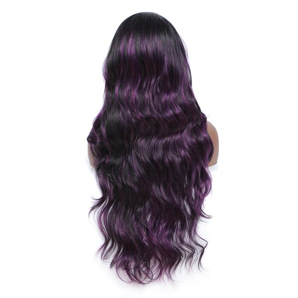 

costume accessories wavy lace frontal wig with purple highlights 28 inches long synthetic wig part lace wig for black women body wave, Silver