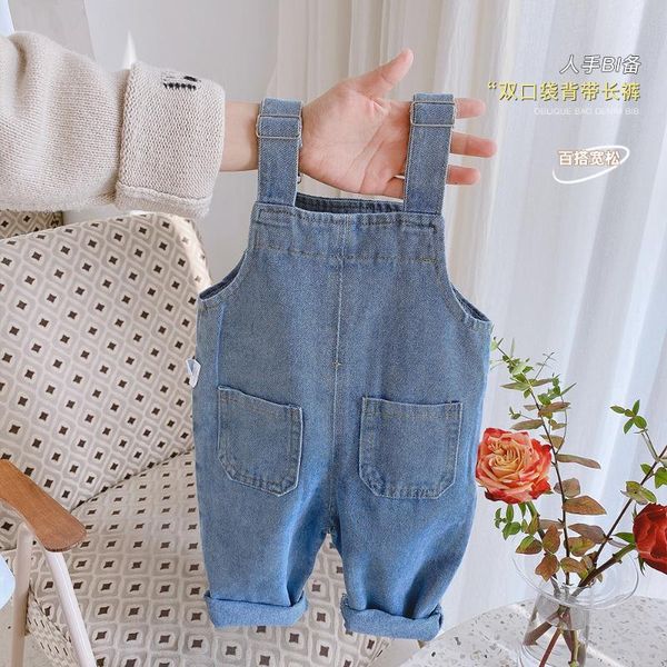

trousers spring blue jeans overalls for baby girl casual pants toddler kids denim jumpsuit with big pocket