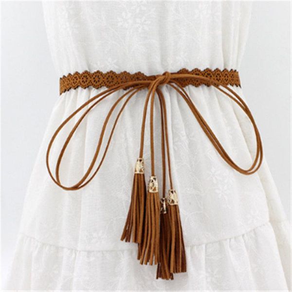 

belts ladies fashion national style hollow tassel tie strap waist chain women's waistband dress accessories, Black;brown