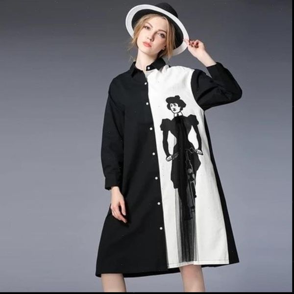 

ewq] 2020 spring autumn new loose long sleeve print black patchwork lapel single breasted loose shirt dress women aa250, Black;gray