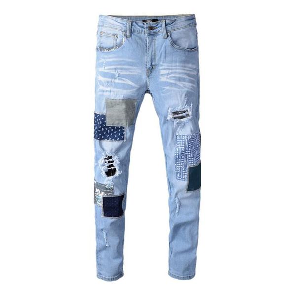 

2021 new men's male man patchwork ripped jeans light blue holes stretch denim pants patch design trousers kn96