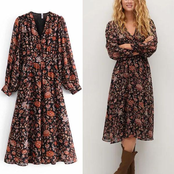 

casual dresses 2021 chiffon floral print midi dress women elegant long sleeve pleated party woman chic inner lining vintage vestido, Black;gray