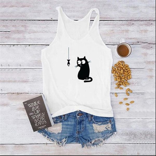 

womens white tank ladies cute cat print casual vest sleeveless tee female white o neck t shirts camisole camis