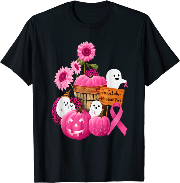 

women's t-shirt in october we wear pink ghosts & pumpkins for breast cancer, White