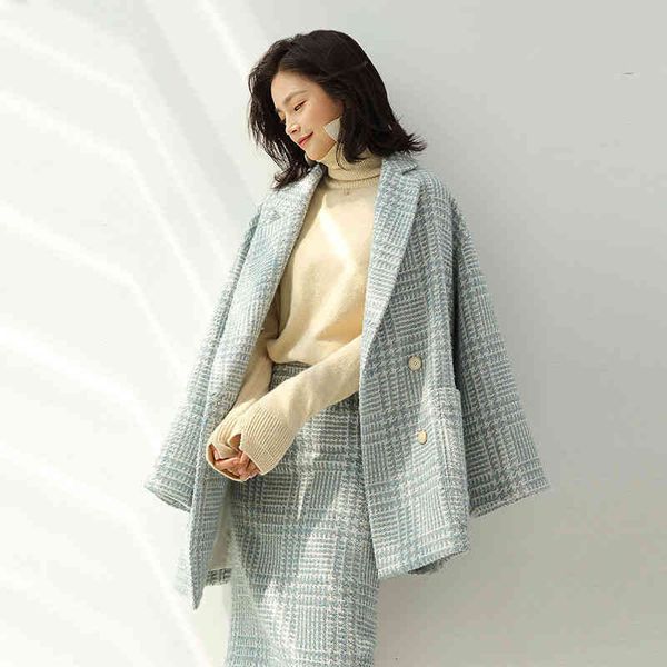 

two piece dress autumn winter elegant 2piece set fashion plaid double breasted belt wool blazers high waist skirt office female outfits ti45, White