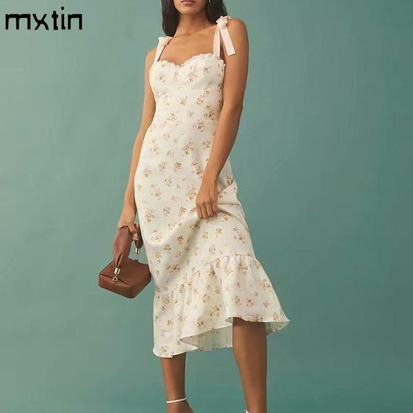 

casual dresses 2021 summer women floral print midi dress vintage sleeveless backless elasticity bow tie straps party female vestid, Black;gray