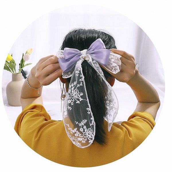 

hair accessories long tails lace bow women and girls headdress layers organza ribbon clip ladies barrettes