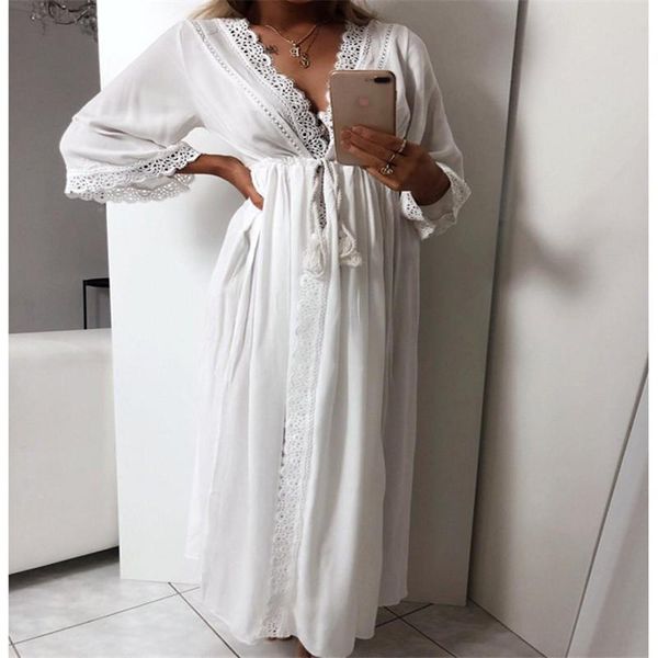 

women's swimwear 2021 summer solid lace beach cover up long cardigan dress kaftan wear swim suit, White;black