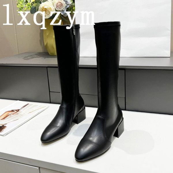 

boots fashion brands genuine leather classic elegent long boot thick mid heel pointed toe women zipper riding knee-high botas, Black